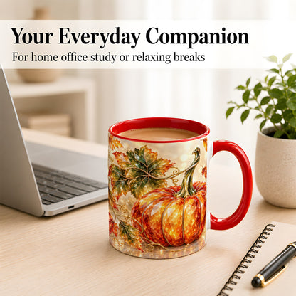 #pl[11oz|Red] Faceted Pumpkin Coffee Mug, Autumn Harvest Leaves Mug, Ceramic Cup