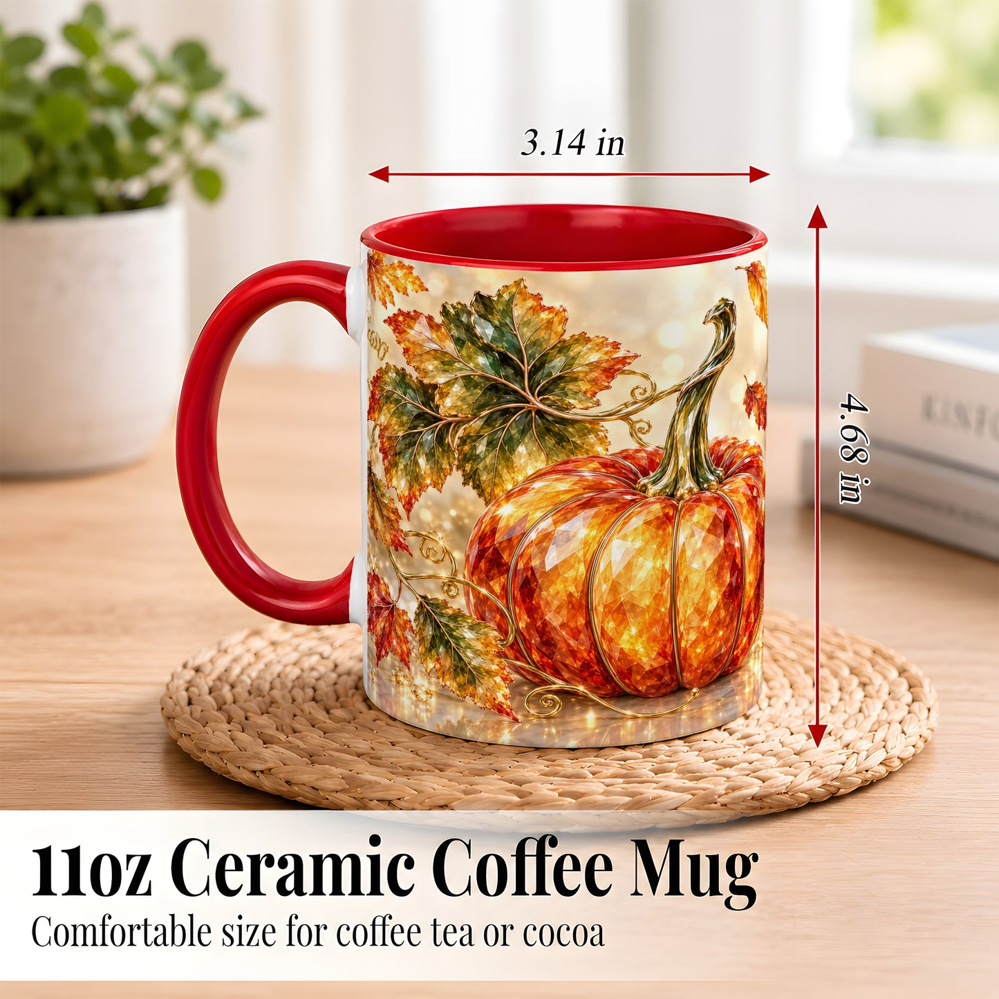 #pl[11oz|Red] Faceted Pumpkin Coffee Mug, Autumn Harvest Leaves Mug, Ceramic Cup