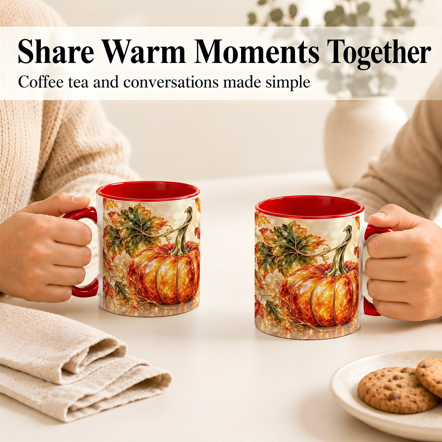 #pl[11oz|Red] Faceted Pumpkin Coffee Mug, Autumn Harvest Leaves Mug, Ceramic Cup
