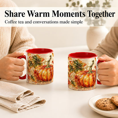 #pl[11oz|Red] Faceted Pumpkin Coffee Mug, Autumn Harvest Leaves Mug, Ceramic Cup