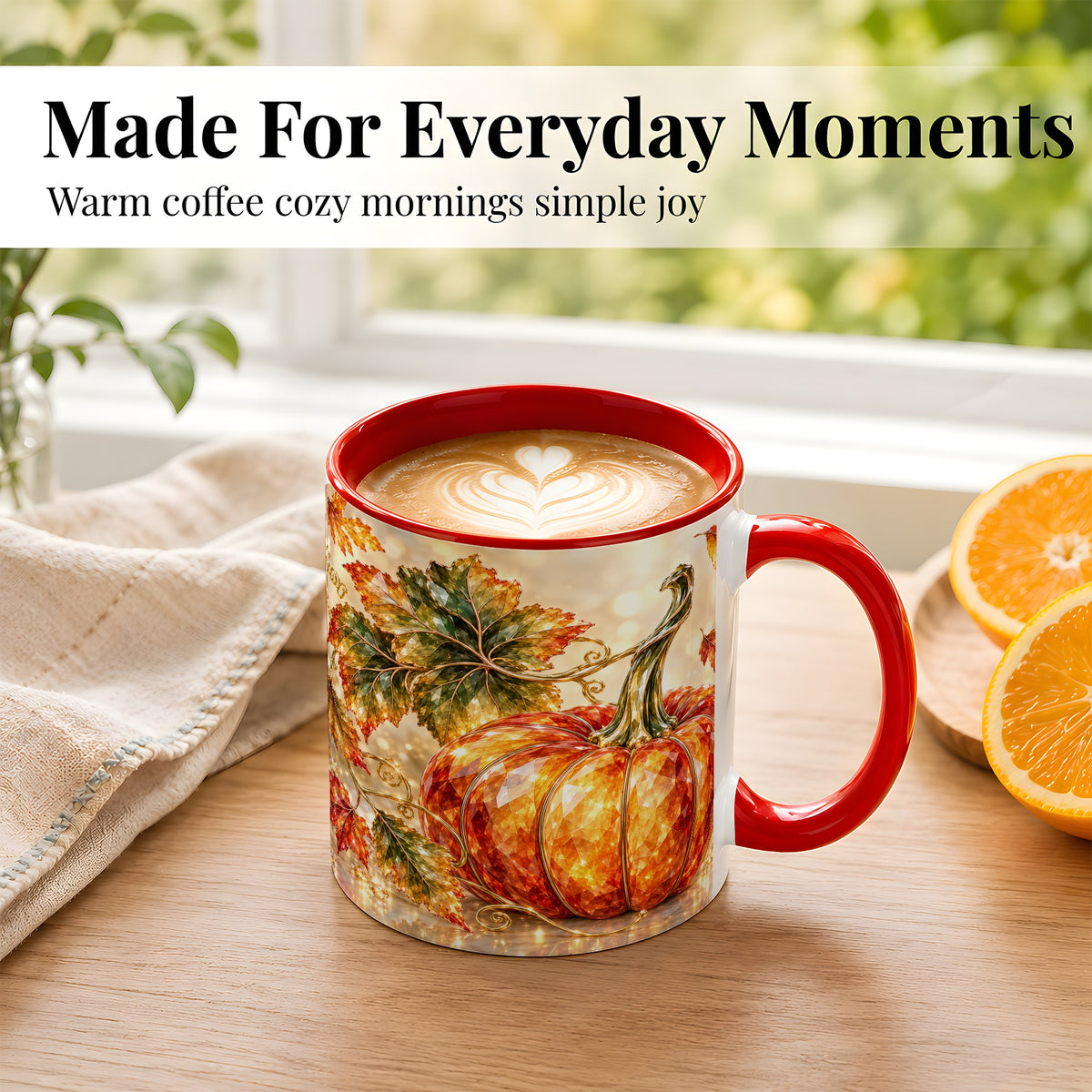 #pl[11oz|Red] Faceted Pumpkin Coffee Mug, Autumn Harvest Leaves Mug, Ceramic Cup
