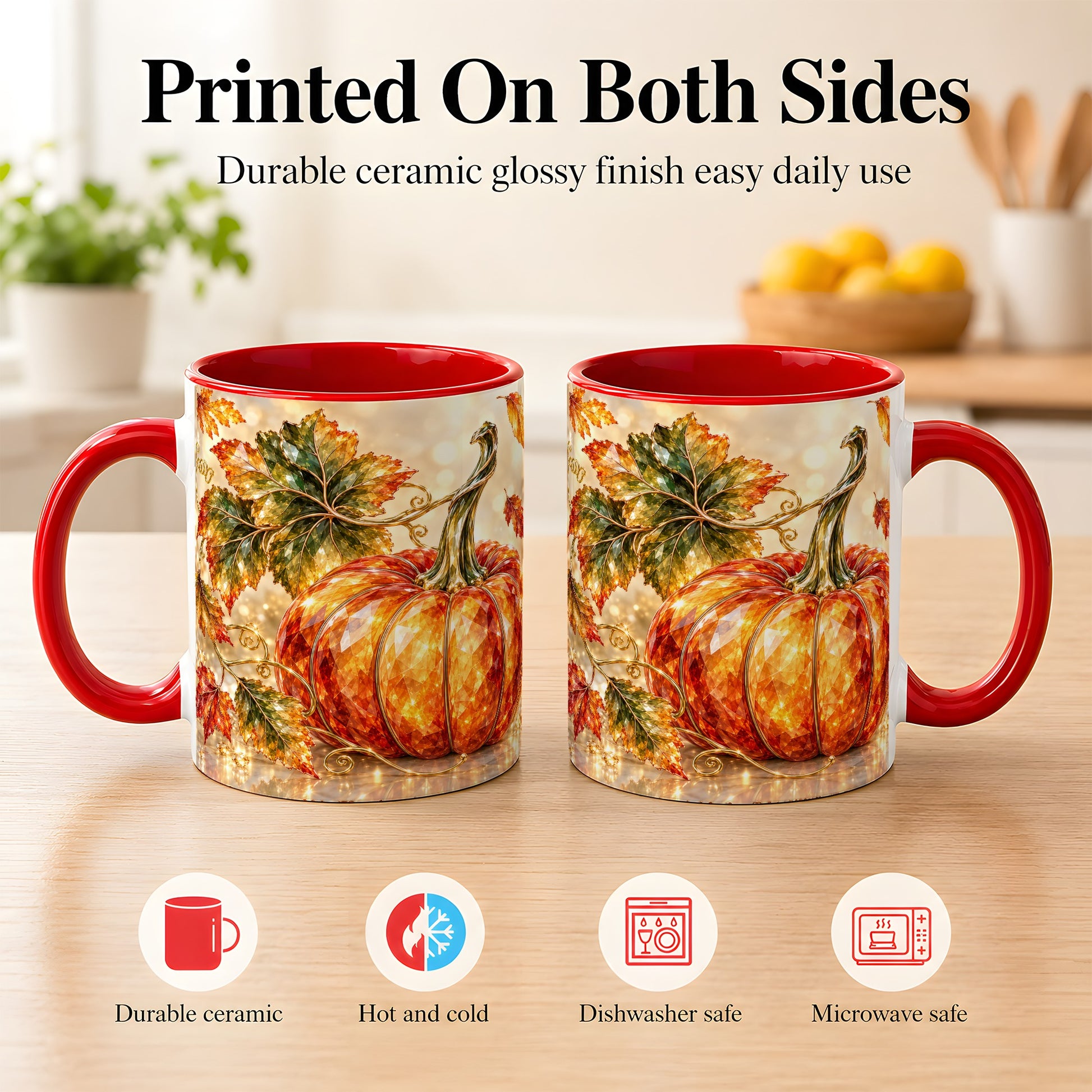 #pl[11oz|Red] Faceted Pumpkin Coffee Mug, Autumn Harvest Leaves Mug, Ceramic Cup