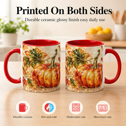 #pl[11oz|Red] Faceted Pumpkin Coffee Mug, Autumn Harvest Leaves Mug, Ceramic Cup