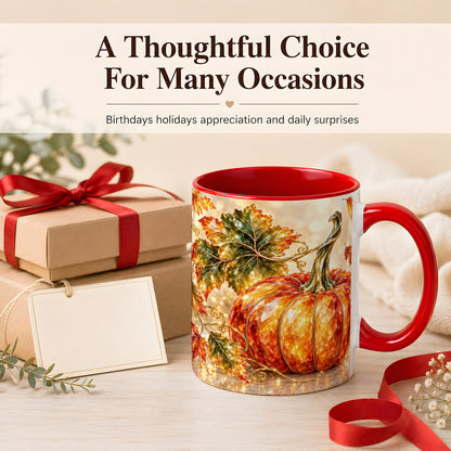 #pl[11oz|Red] Faceted Pumpkin Coffee Mug, Autumn Harvest Leaves Mug, Ceramic Cup