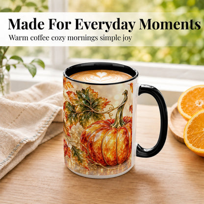 #pl[15oz|Black] Faceted Pumpkin Coffee Mug, Autumn Harvest Leaves Mug, Ceramic Cup