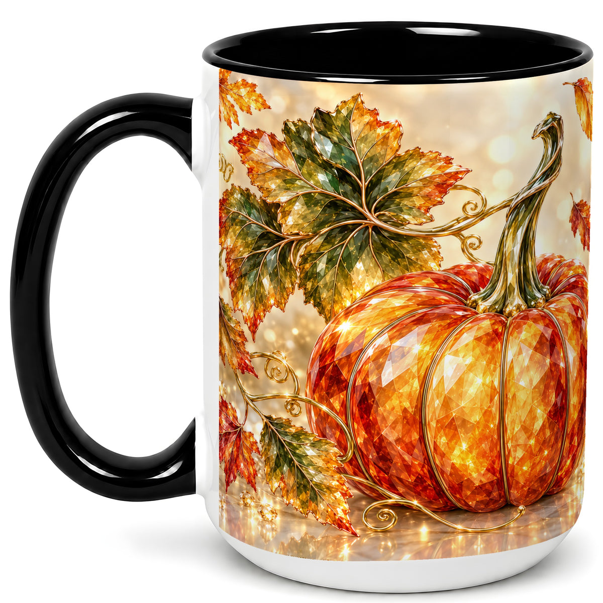 #pl[15oz|Black] Faceted Pumpkin Coffee Mug, Autumn Harvest Leaves Mug, Ceramic Cup