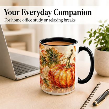 #pl[15oz|Black] Faceted Pumpkin Coffee Mug, Autumn Harvest Leaves Mug, Ceramic Cup