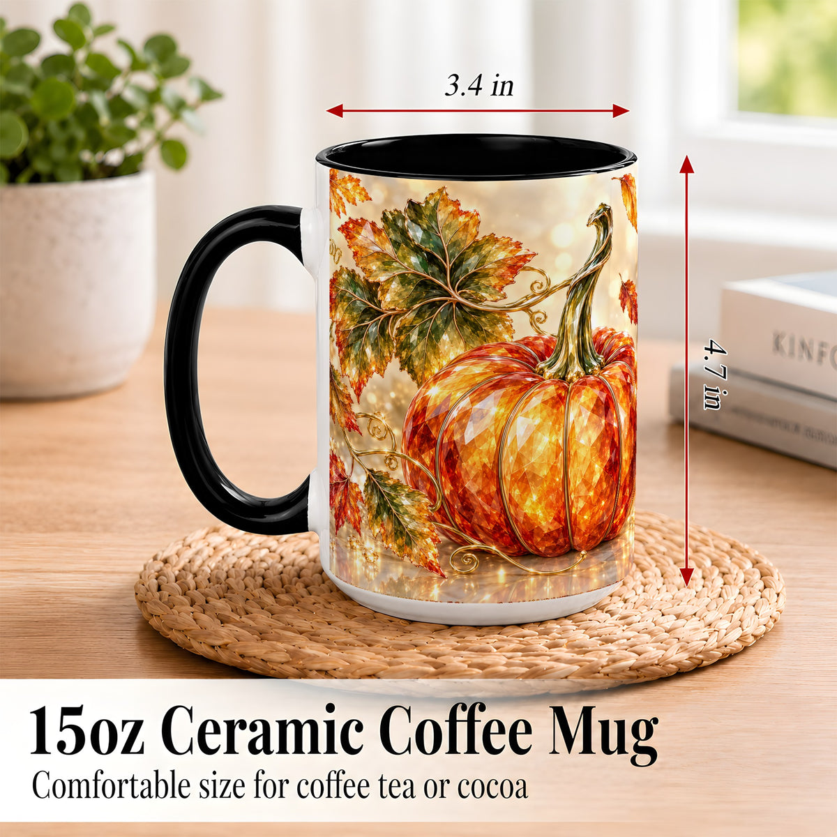 #pl[15oz|Black] Faceted Pumpkin Coffee Mug, Autumn Harvest Leaves Mug, Ceramic Cup
