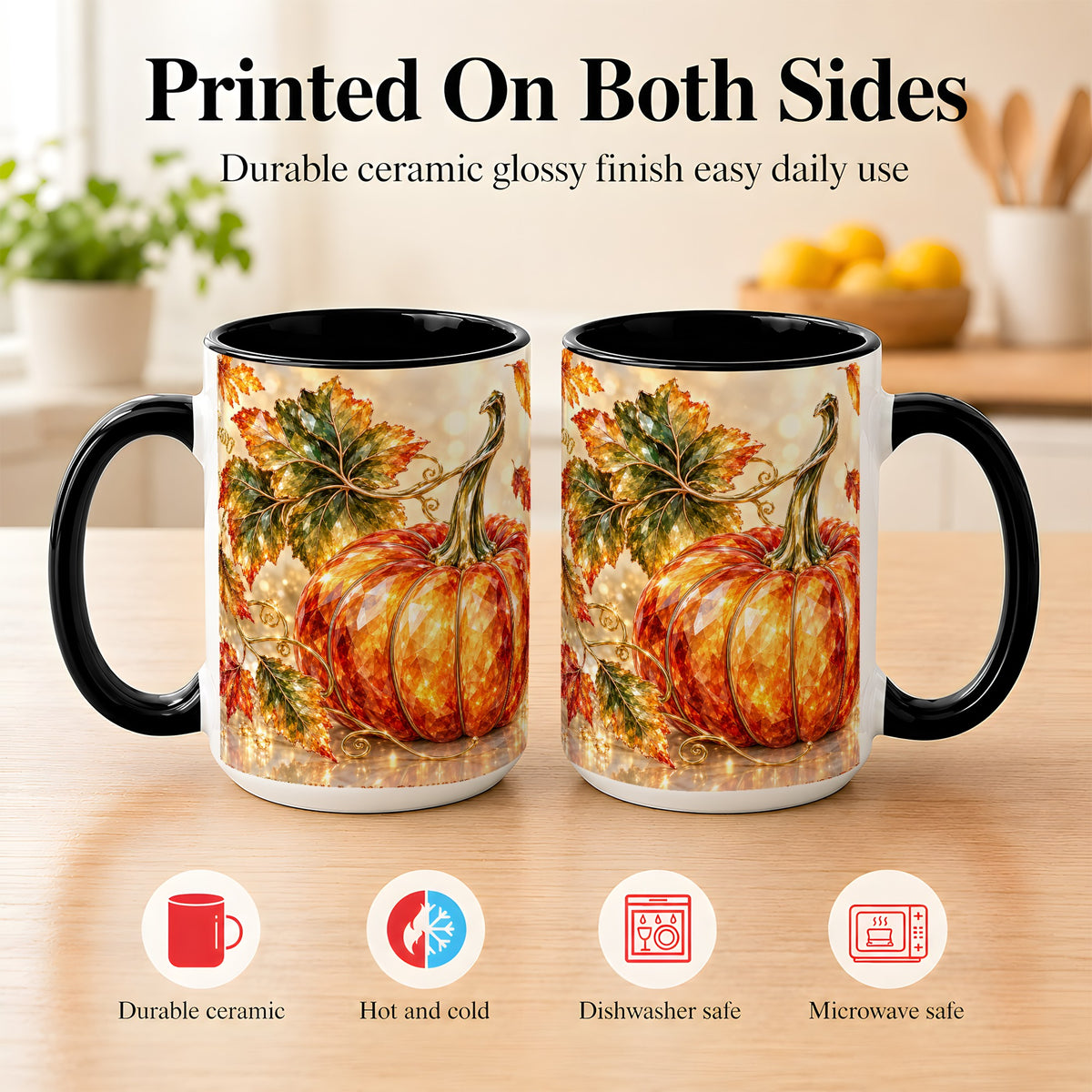 #pl[15oz|Black] Faceted Pumpkin Coffee Mug, Autumn Harvest Leaves Mug, Ceramic Cup