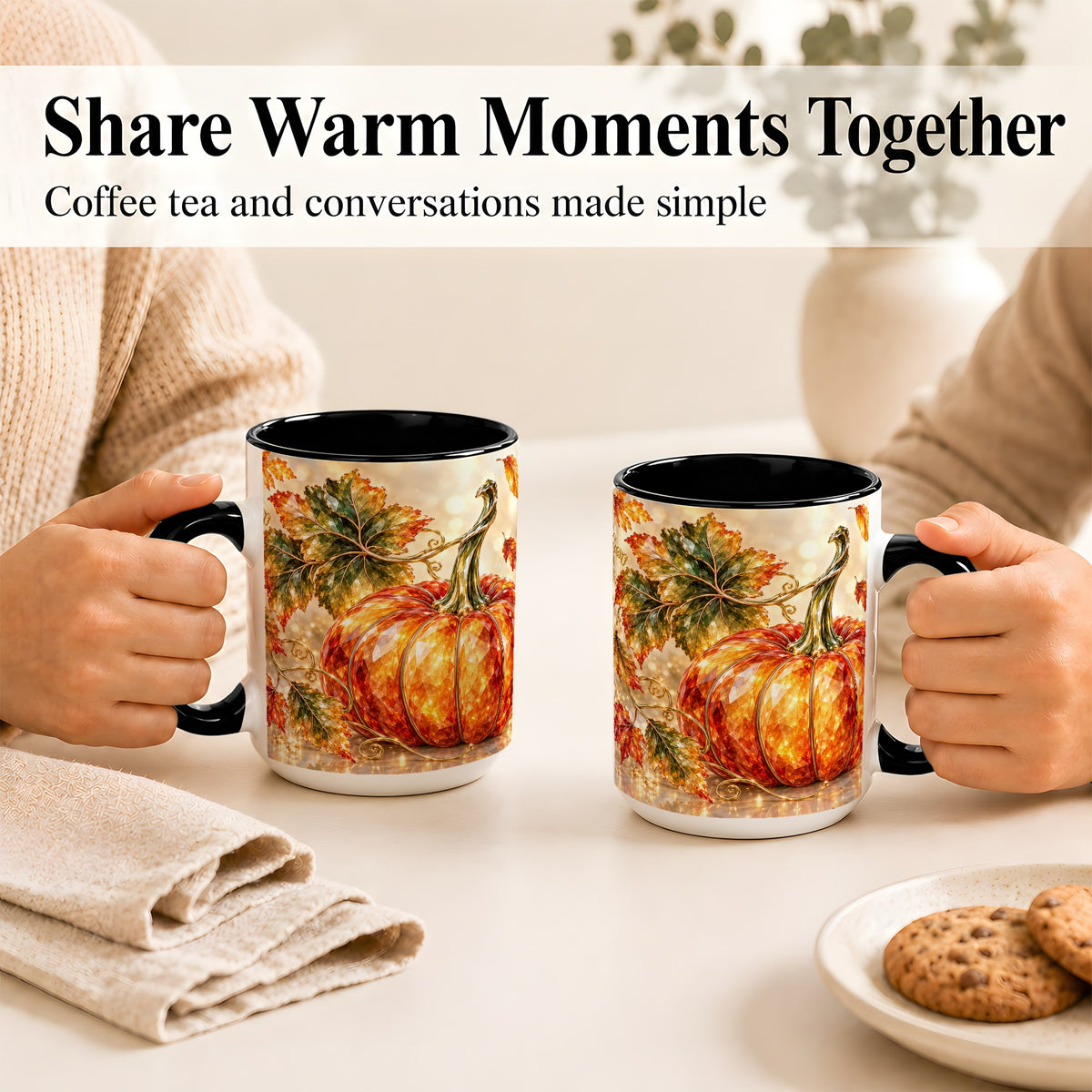 #pl[15oz|Black] Faceted Pumpkin Coffee Mug, Autumn Harvest Leaves Mug, Ceramic Cup