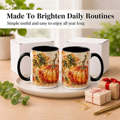 #pl[15oz|Black] Faceted Pumpkin Coffee Mug, Autumn Harvest Leaves Mug, Ceramic Cup