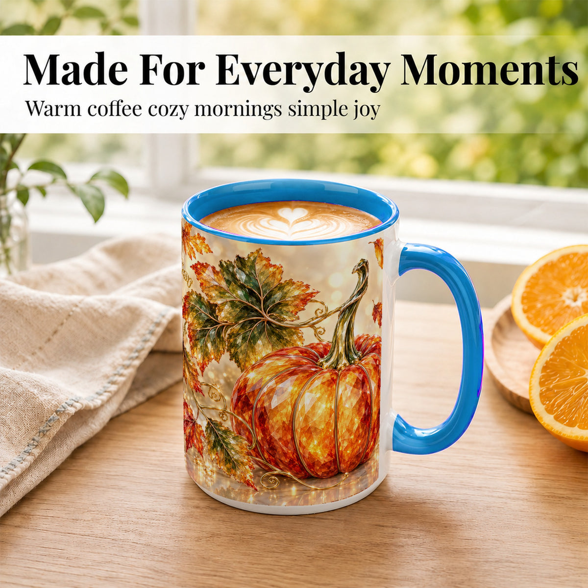 #pl[15oz|Blue] Faceted Pumpkin Coffee Mug, Autumn Harvest Leaves Mug, Ceramic Cup
