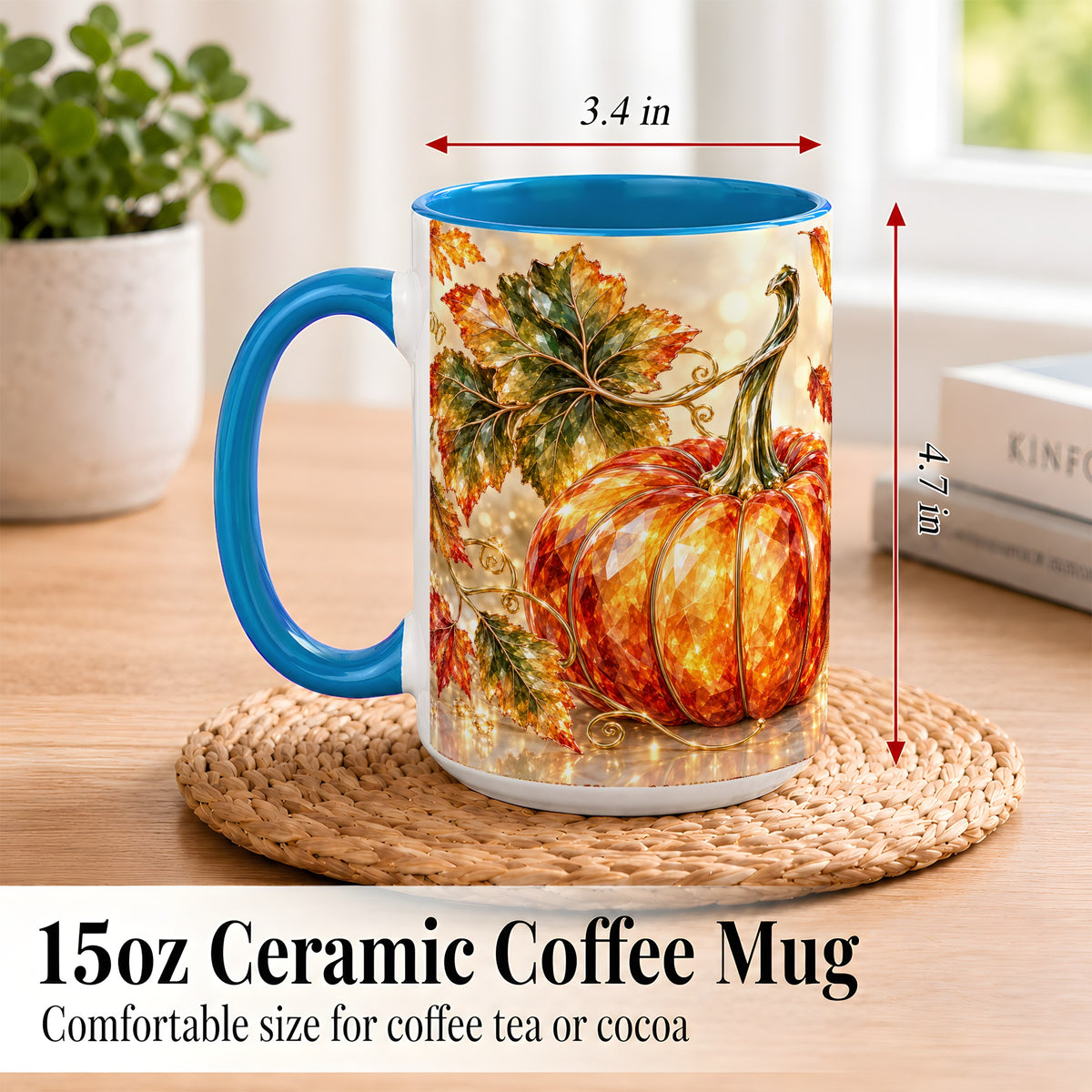 #pl[15oz|Blue] Faceted Pumpkin Coffee Mug, Autumn Harvest Leaves Mug, Ceramic Cup