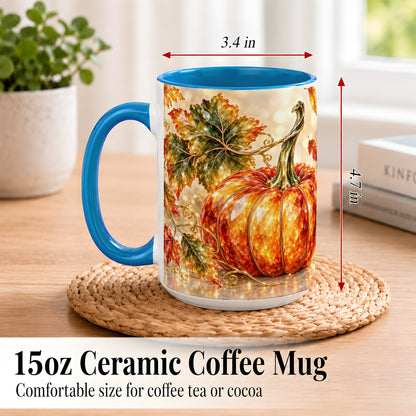 #pl[15oz|Blue] Faceted Pumpkin Coffee Mug, Autumn Harvest Leaves Mug, Ceramic Cup