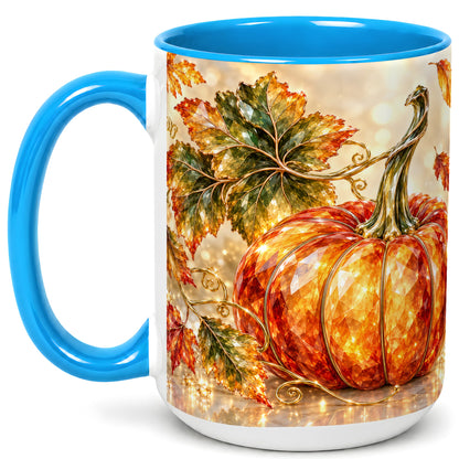 #pl[15oz|Blue] Faceted Pumpkin Coffee Mug, Autumn Harvest Leaves Mug, Ceramic Cup