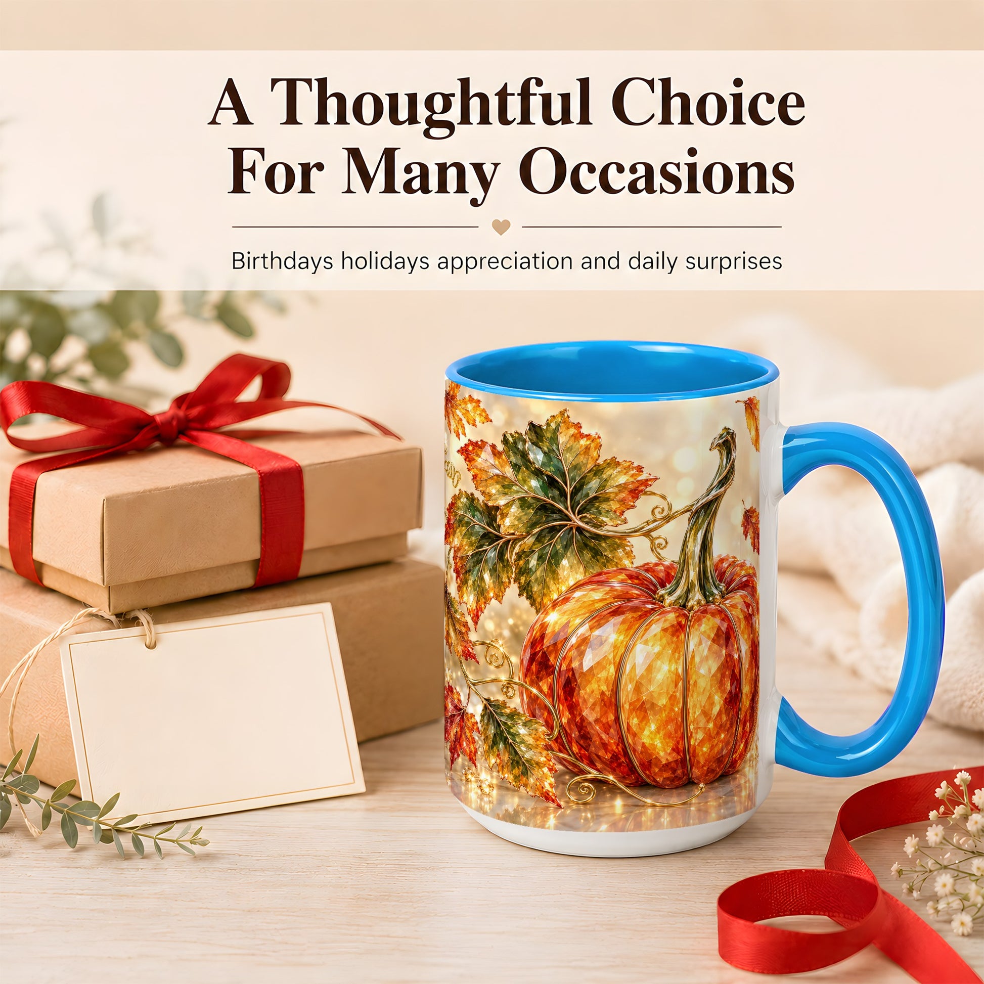 #pl[15oz|Blue] Faceted Pumpkin Coffee Mug, Autumn Harvest Leaves Mug, Ceramic Cup