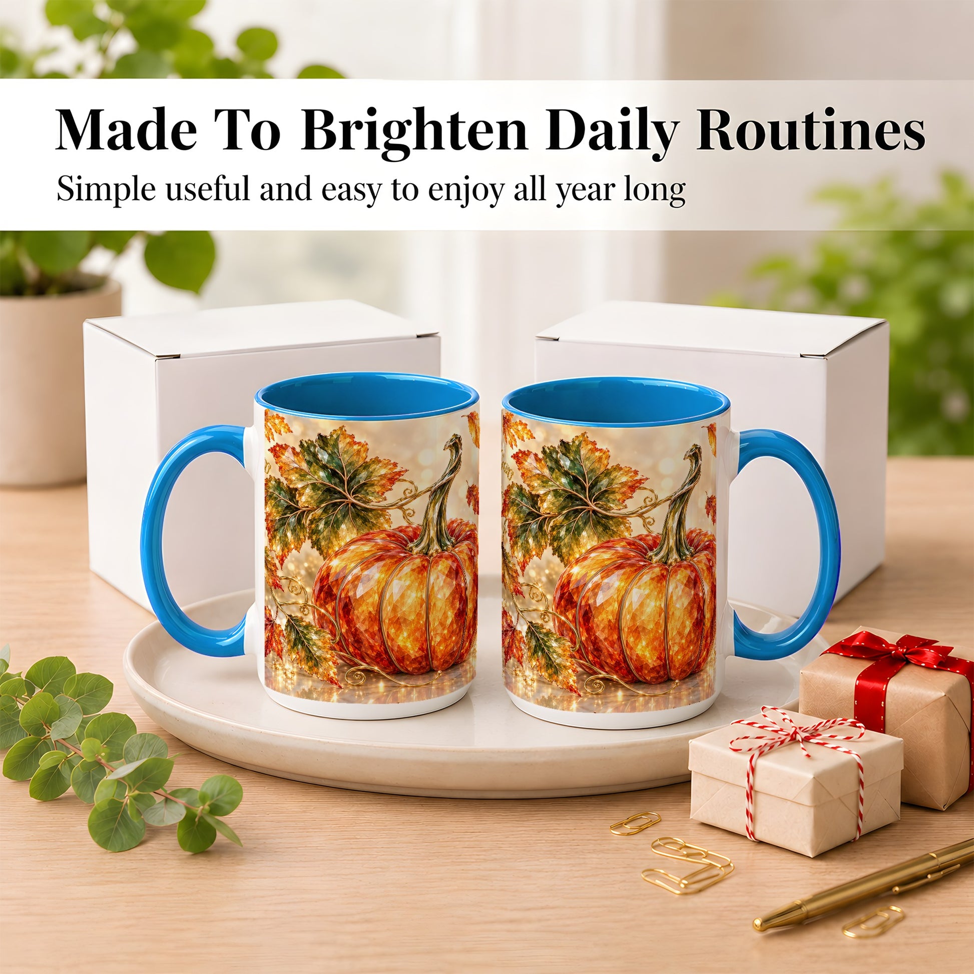 #pl[15oz|Blue] Faceted Pumpkin Coffee Mug, Autumn Harvest Leaves Mug, Ceramic Cup
