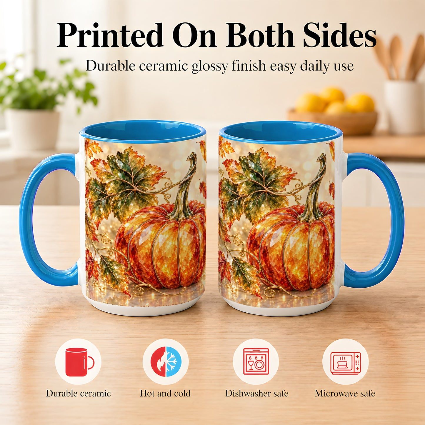 #pl[15oz|Blue] Faceted Pumpkin Coffee Mug, Autumn Harvest Leaves Mug, Ceramic Cup