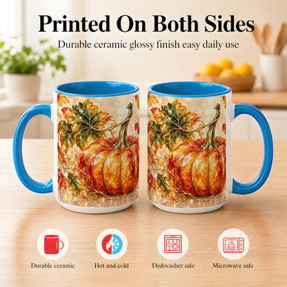 #pl[15oz|Blue] Faceted Pumpkin Coffee Mug, Autumn Harvest Leaves Mug, Ceramic Cup