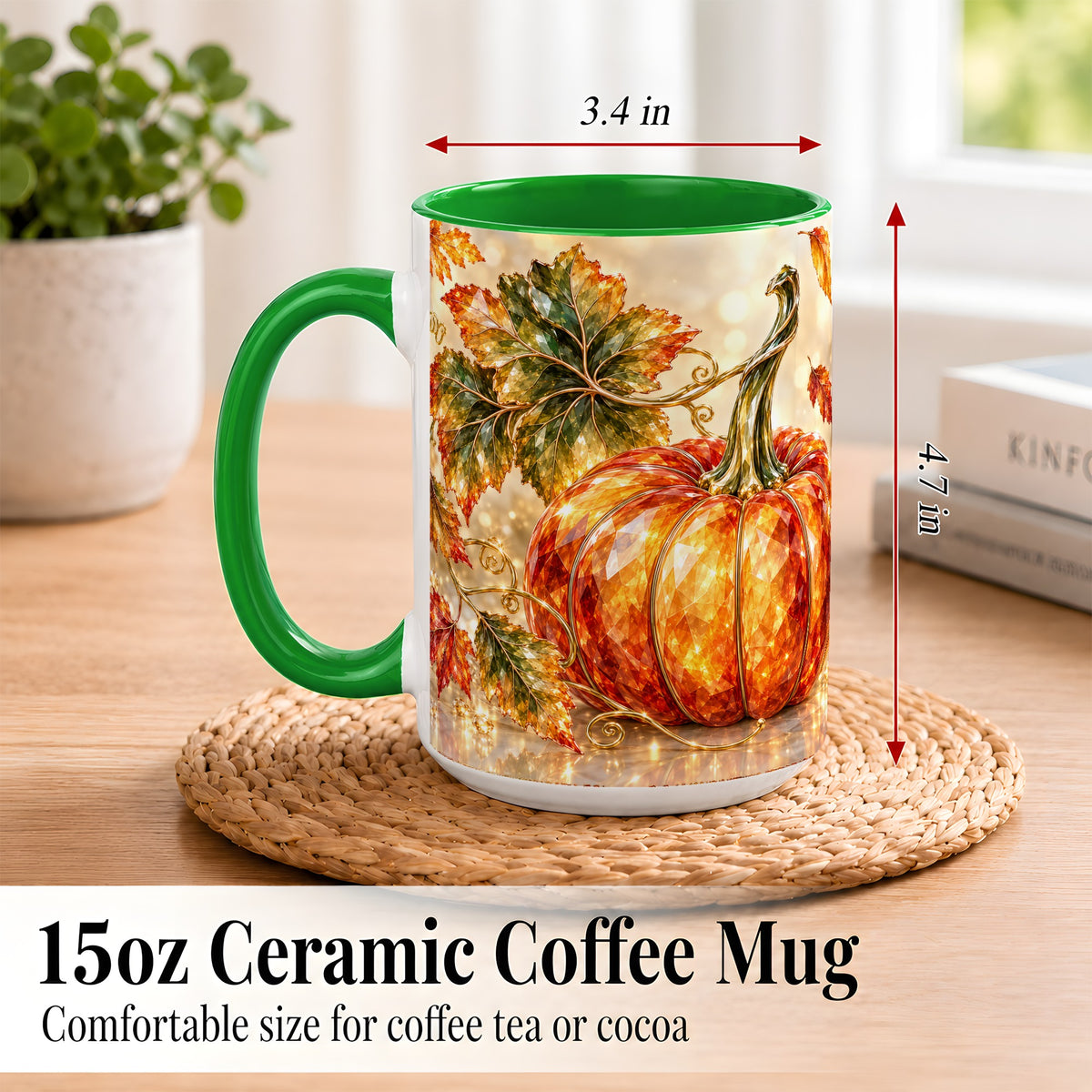 #pl[15oz|Green] Faceted Pumpkin Coffee Mug, Autumn Harvest Leaves Mug, Ceramic Cup