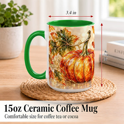 #pl[15oz|Green] Faceted Pumpkin Coffee Mug, Autumn Harvest Leaves Mug, Ceramic Cup