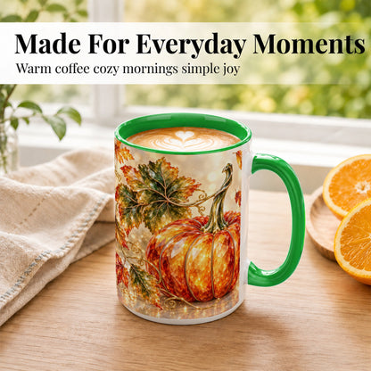 #pl[15oz|Green] Faceted Pumpkin Coffee Mug, Autumn Harvest Leaves Mug, Ceramic Cup