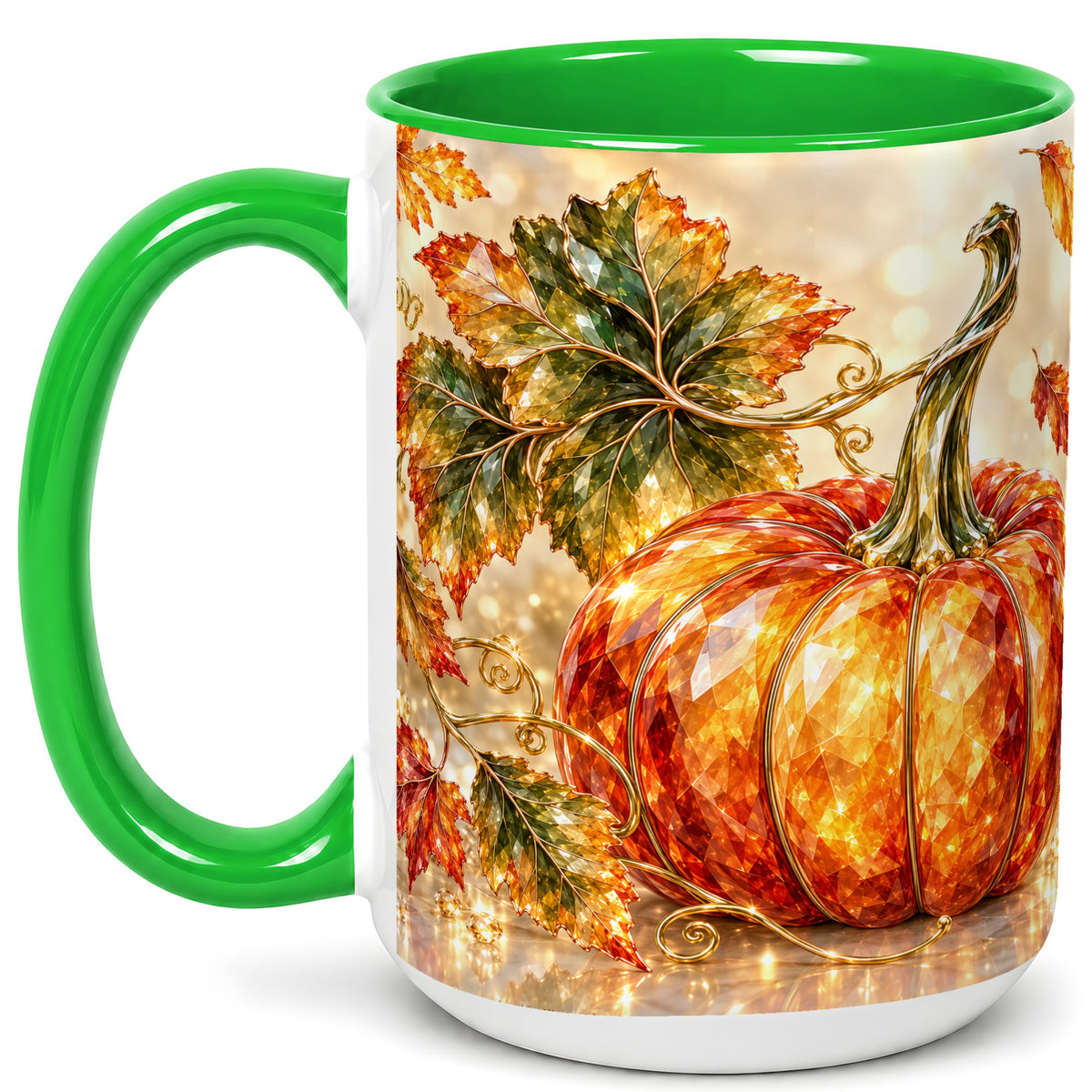 #pl[15oz|Green] Faceted Pumpkin Coffee Mug, Autumn Harvest Leaves Mug, Ceramic Cup