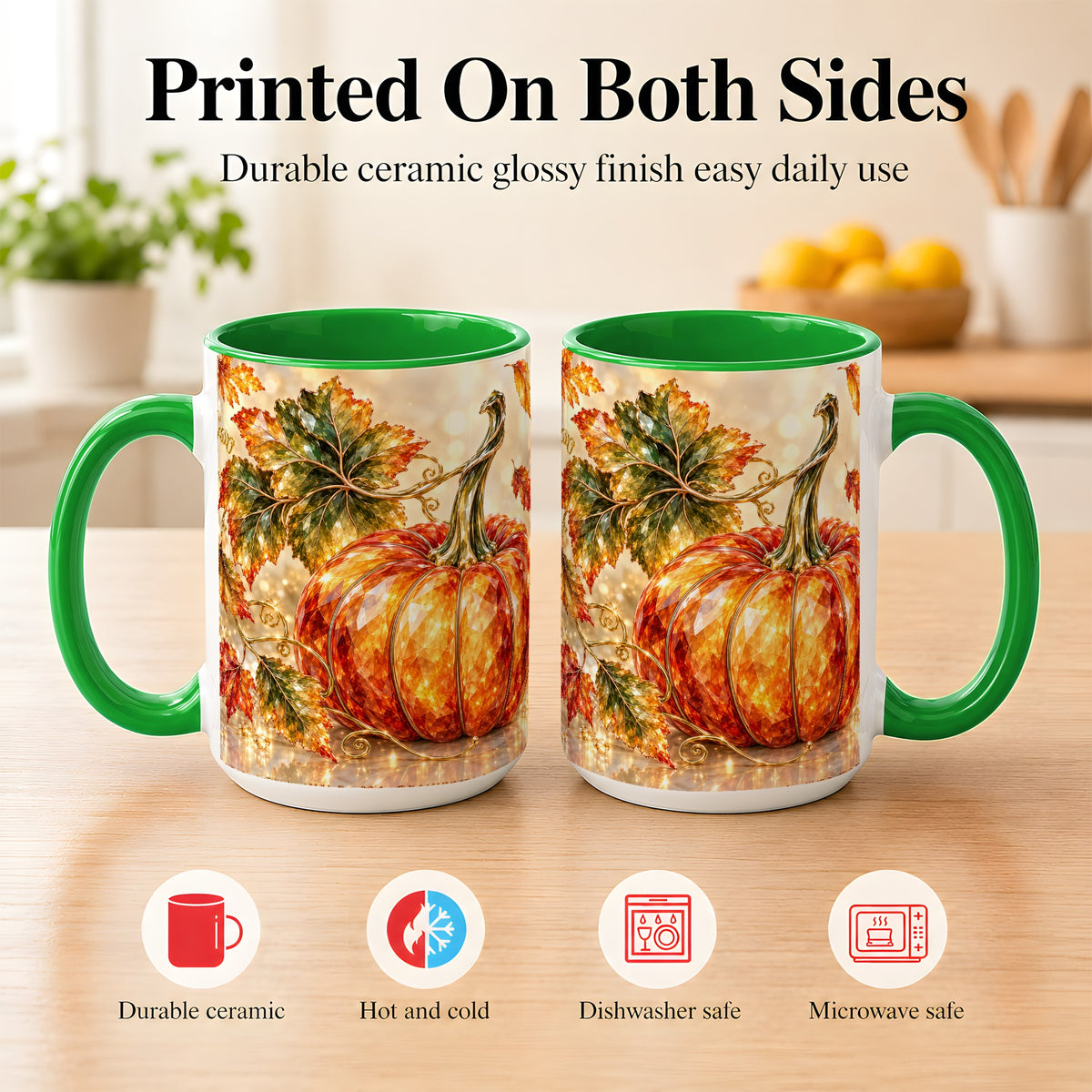 #pl[15oz|Green] Faceted Pumpkin Coffee Mug, Autumn Harvest Leaves Mug, Ceramic Cup