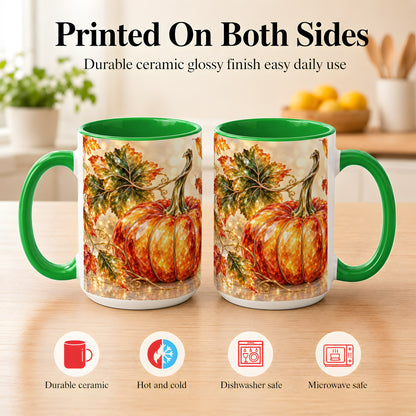 #pl[15oz|Green] Faceted Pumpkin Coffee Mug, Autumn Harvest Leaves Mug, Ceramic Cup