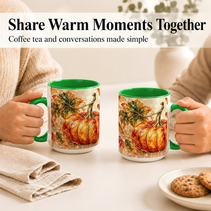 #pl[15oz|Green] Faceted Pumpkin Coffee Mug, Autumn Harvest Leaves Mug, Ceramic Cup