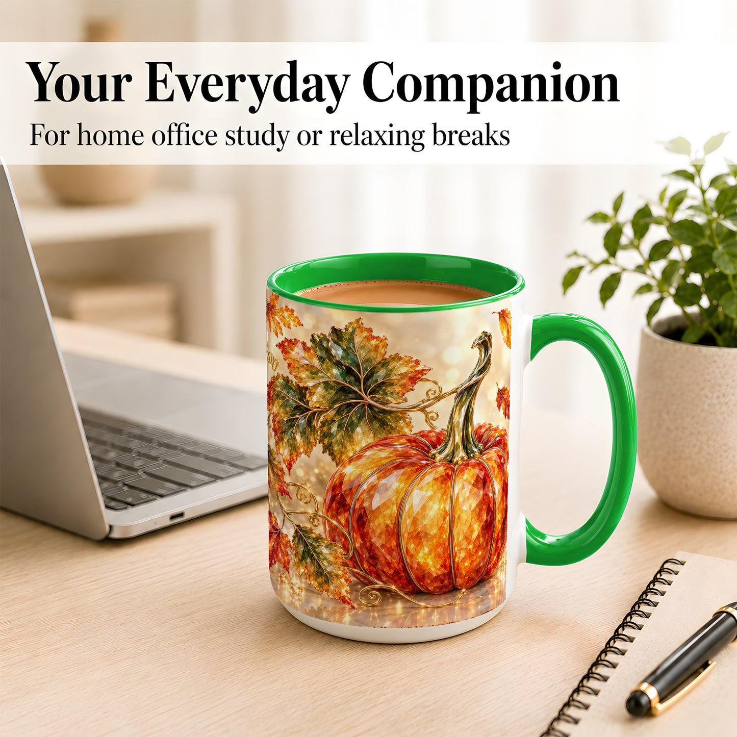 #pl[15oz|Green] Faceted Pumpkin Coffee Mug, Autumn Harvest Leaves Mug, Ceramic Cup