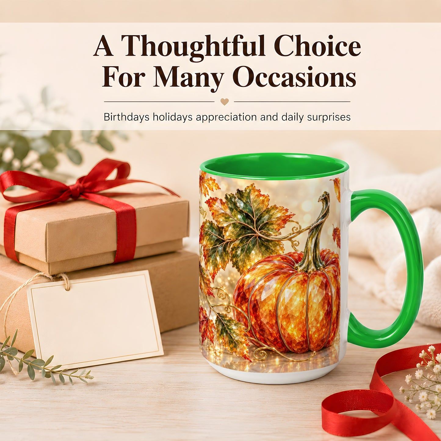 #pl[15oz|Green] Faceted Pumpkin Coffee Mug, Autumn Harvest Leaves Mug, Ceramic Cup