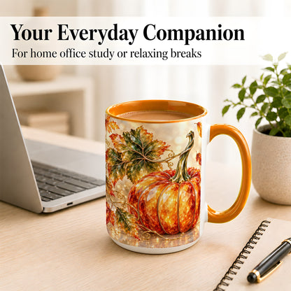 #pl[15oz|Orange] Faceted Pumpkin Coffee Mug, Autumn Harvest Leaves Mug, Ceramic Cup
