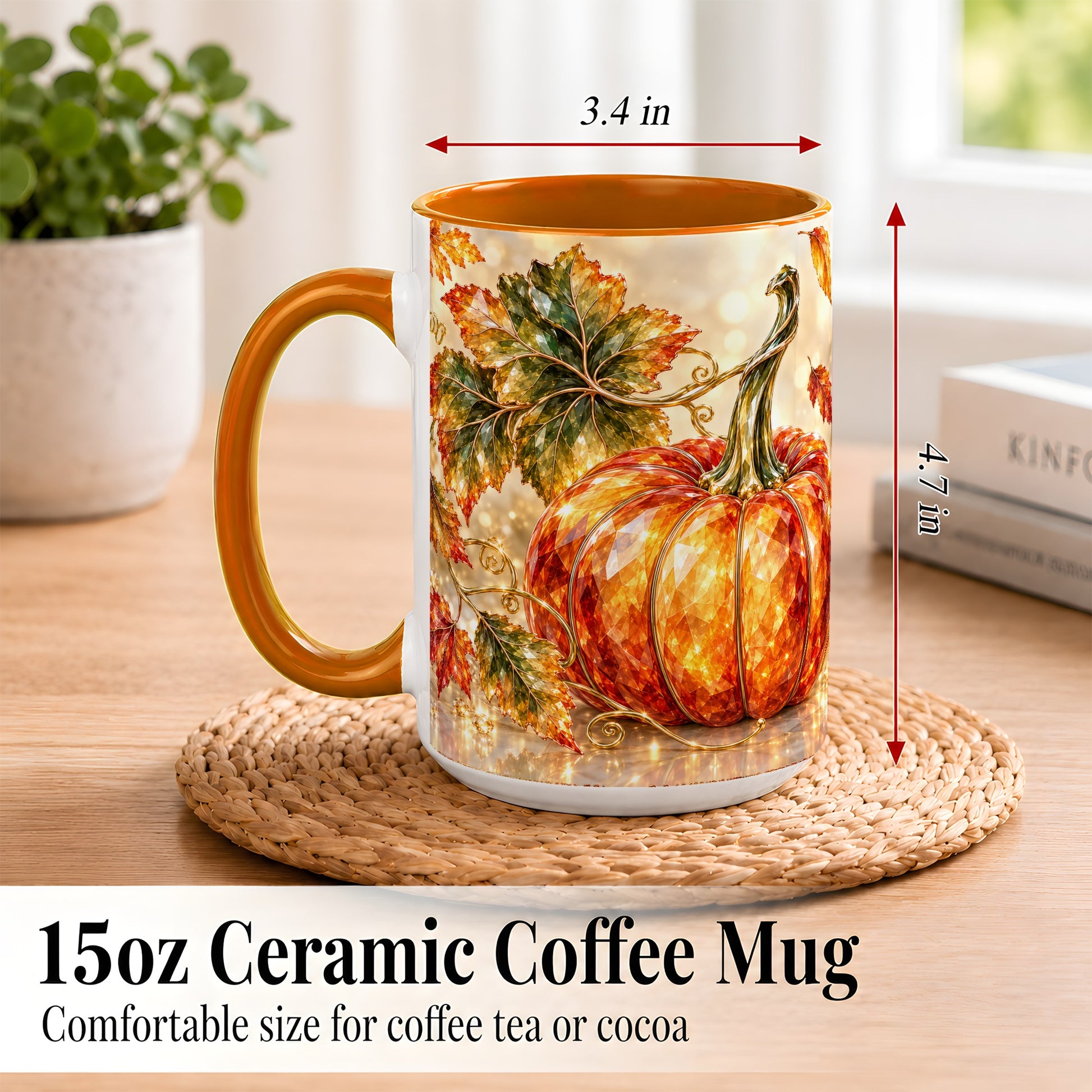 #pl[15oz|Orange] Faceted Pumpkin Coffee Mug, Autumn Harvest Leaves Mug, Ceramic Cup