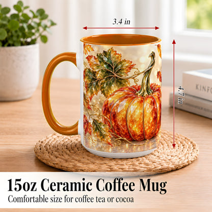 #pl[15oz|Orange] Faceted Pumpkin Coffee Mug, Autumn Harvest Leaves Mug, Ceramic Cup