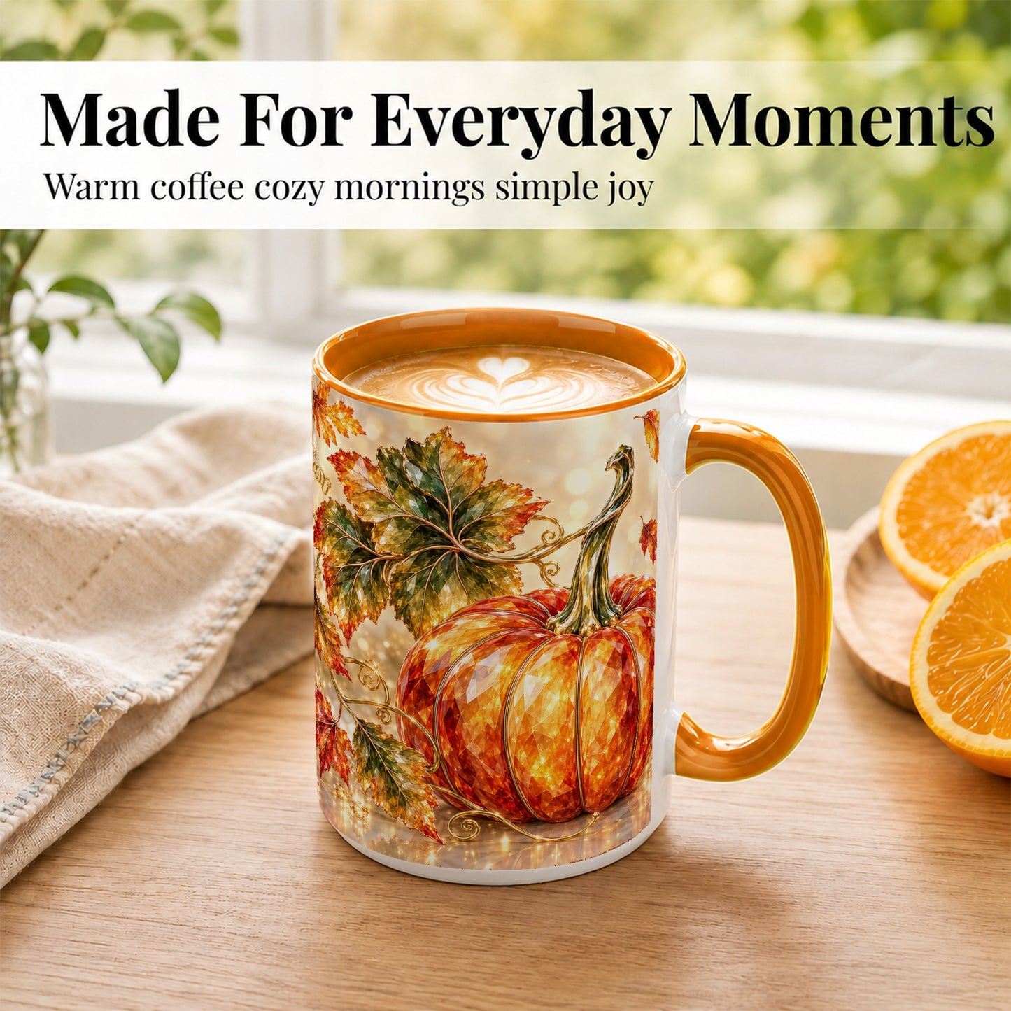 #pl[15oz|Orange] Faceted Pumpkin Coffee Mug, Autumn Harvest Leaves Mug, Ceramic Cup