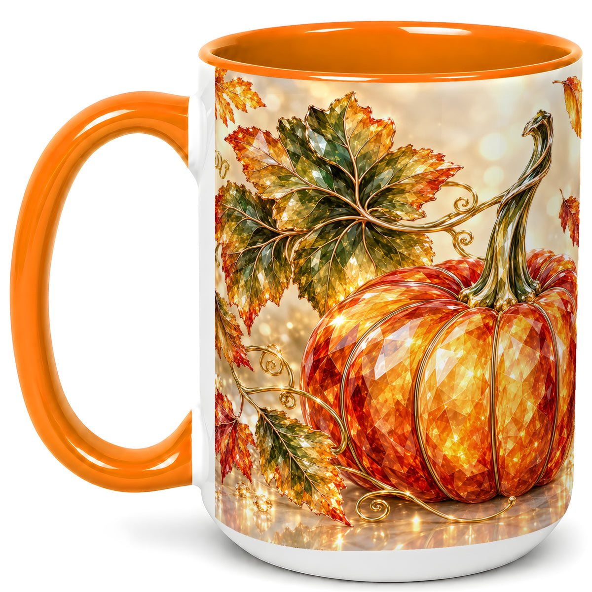 #pl[15oz|Orange] Faceted Pumpkin Coffee Mug, Autumn Harvest Leaves Mug, Ceramic Cup