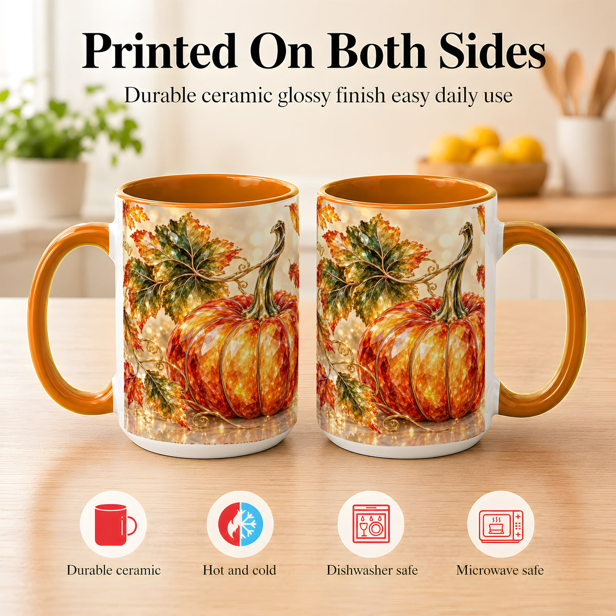 #pl[15oz|Orange] Faceted Pumpkin Coffee Mug, Autumn Harvest Leaves Mug, Ceramic Cup