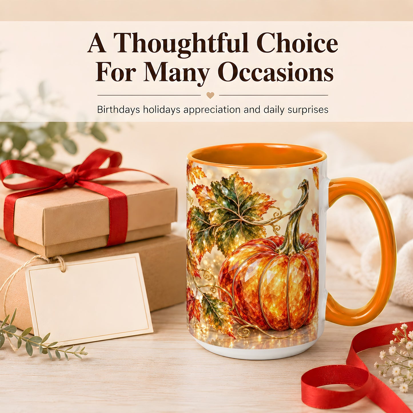 #pl[15oz|Orange] Faceted Pumpkin Coffee Mug, Autumn Harvest Leaves Mug, Ceramic Cup