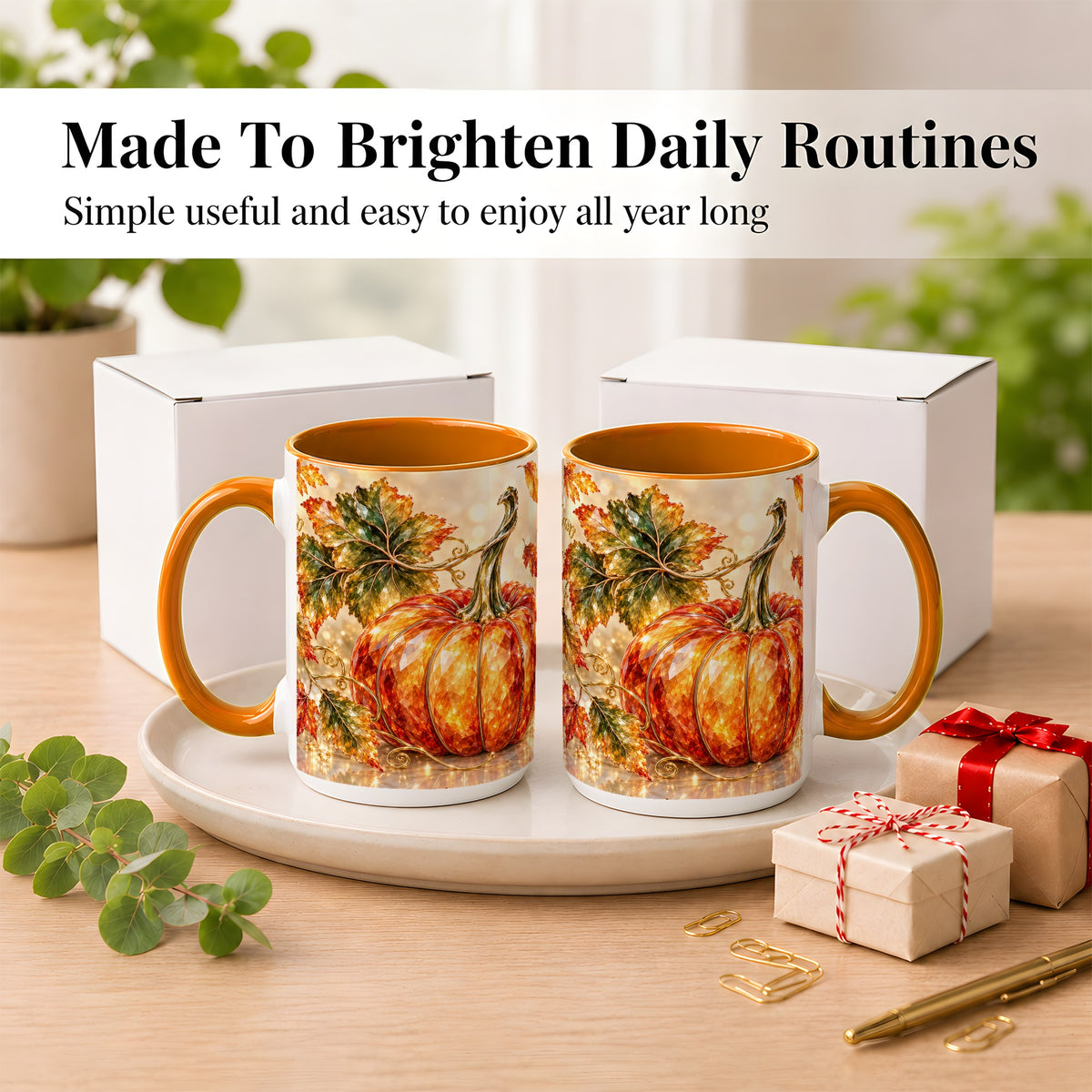 #pl[15oz|Orange] Faceted Pumpkin Coffee Mug, Autumn Harvest Leaves Mug, Ceramic Cup