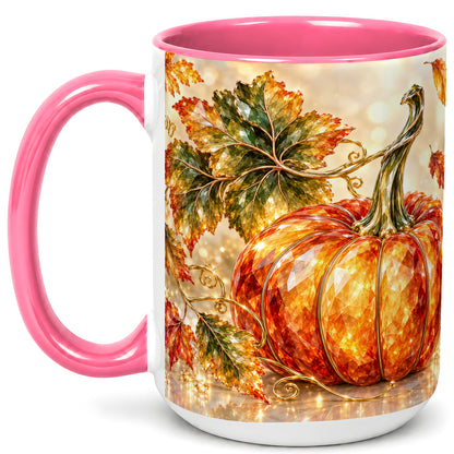 #pl[15oz|Pink] Faceted Pumpkin Coffee Mug, Autumn Harvest Leaves Mug, Ceramic Cup