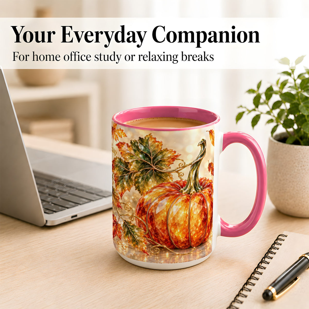 #pl[15oz|Pink] Faceted Pumpkin Coffee Mug, Autumn Harvest Leaves Mug, Ceramic Cup
