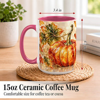 #pl[15oz|Pink] Faceted Pumpkin Coffee Mug, Autumn Harvest Leaves Mug, Ceramic Cup
