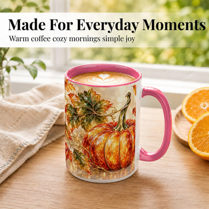 #pl[15oz|Pink] Faceted Pumpkin Coffee Mug, Autumn Harvest Leaves Mug, Ceramic Cup