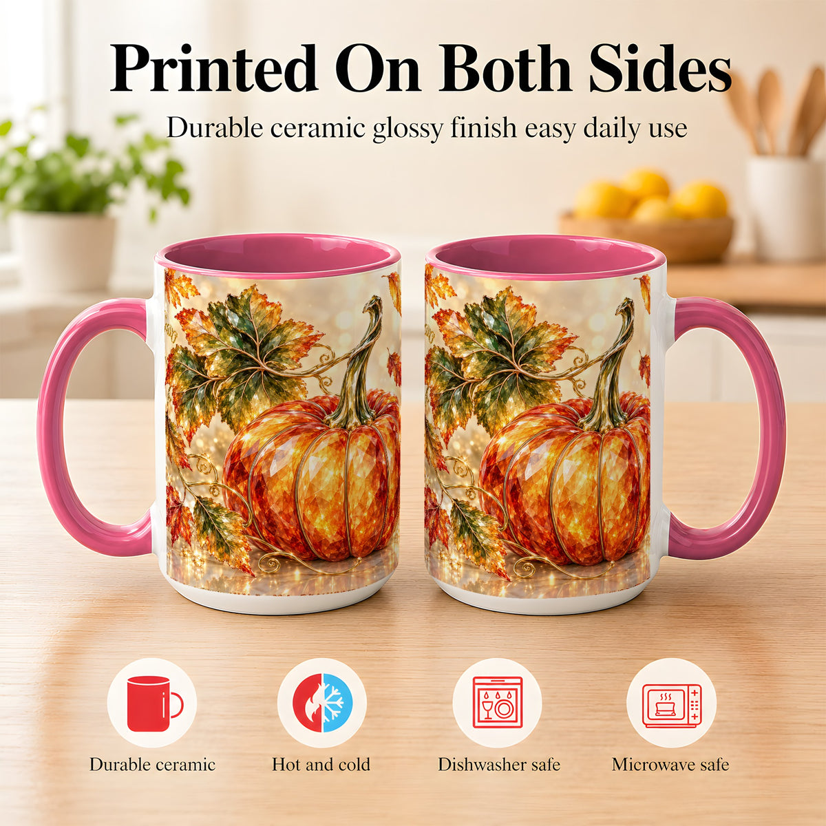 #pl[15oz|Pink] Faceted Pumpkin Coffee Mug, Autumn Harvest Leaves Mug, Ceramic Cup