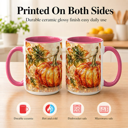 #pl[15oz|Pink] Faceted Pumpkin Coffee Mug, Autumn Harvest Leaves Mug, Ceramic Cup