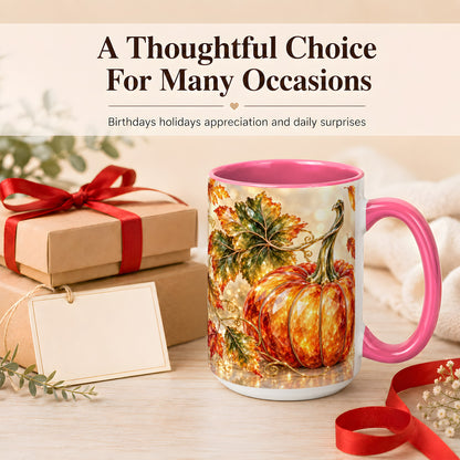 #pl[15oz|Pink] Faceted Pumpkin Coffee Mug, Autumn Harvest Leaves Mug, Ceramic Cup