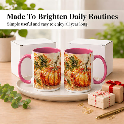 #pl[15oz|Pink] Faceted Pumpkin Coffee Mug, Autumn Harvest Leaves Mug, Ceramic Cup
