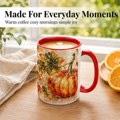 #pl[15oz|Red] Faceted Pumpkin Coffee Mug, Autumn Harvest Leaves Mug, Ceramic Cup