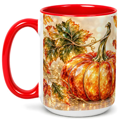 #pl[15oz|Red] Faceted Pumpkin Coffee Mug, Autumn Harvest Leaves Mug, Ceramic Cup